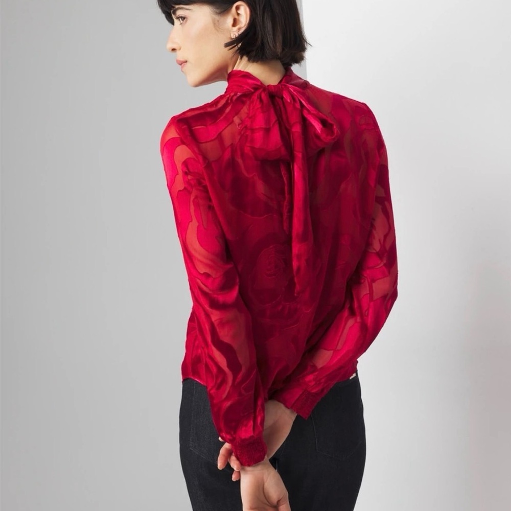 Elegant Red Rose Burnout Women's Blouse with detachable tank top. Self Tying - Picture 4 of 8